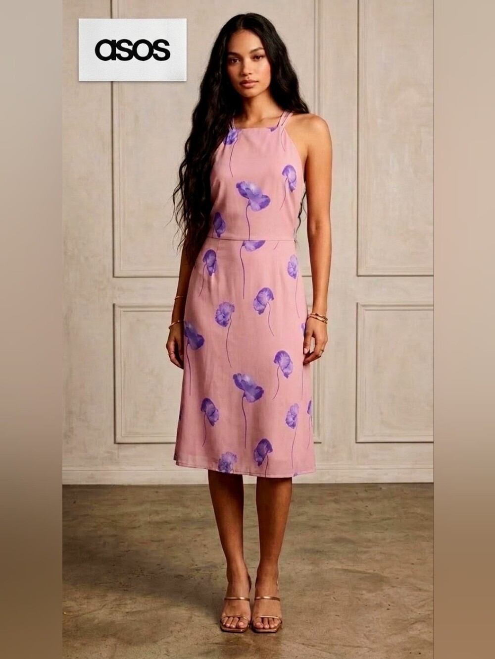 NWT ASOS Floral Halter Midi Dress - Pink & Purple Flower Print - Size 10